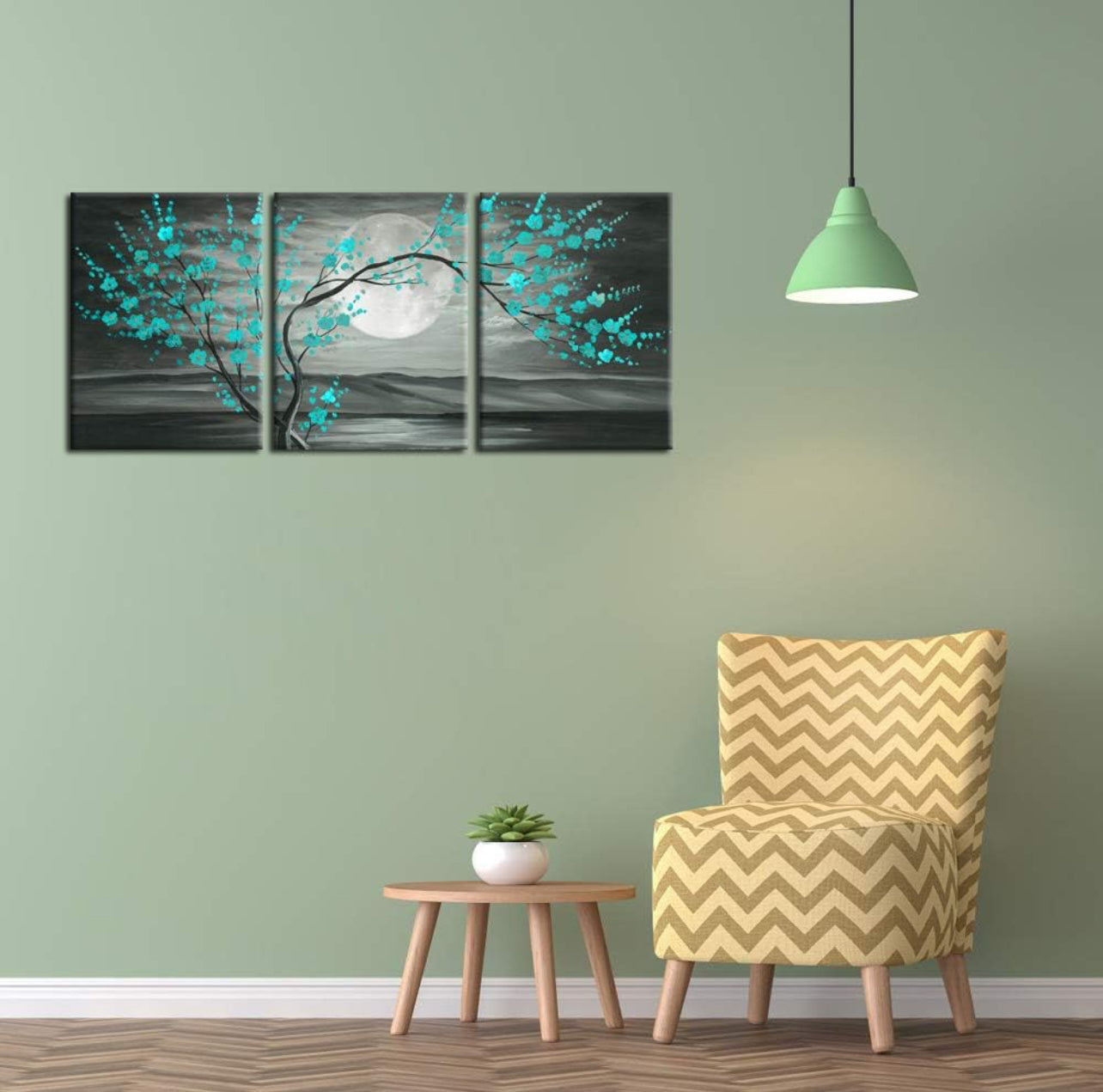 iKNOW FOTO 3 lienzos florales grises y verde azulado enmarcados con pintura al óleo de árbol de flor de ciruelo, impresas en lienzo