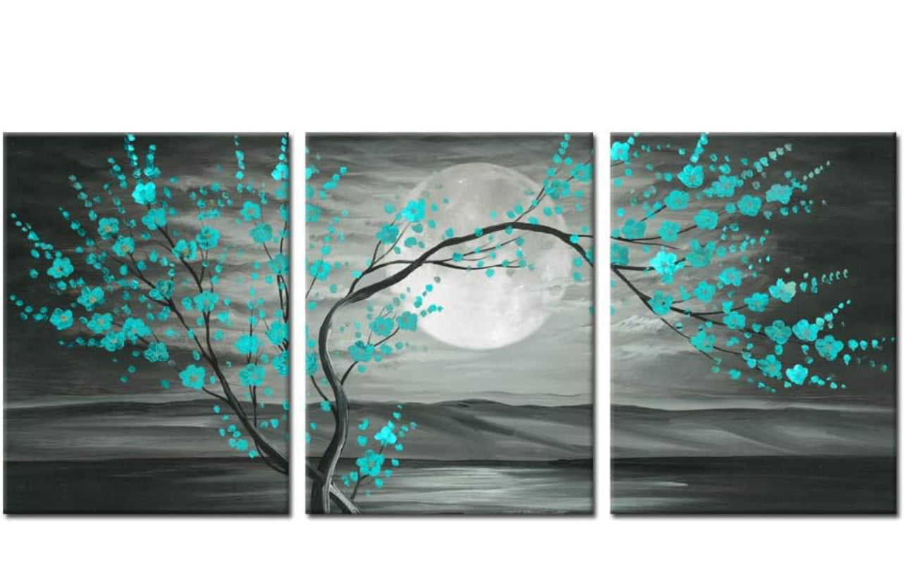 iKNOW FOTO 3 lienzos florales grises y verde azulado enmarcados con pintura al óleo de árbol de flor de ciruelo, impresas en lienzo