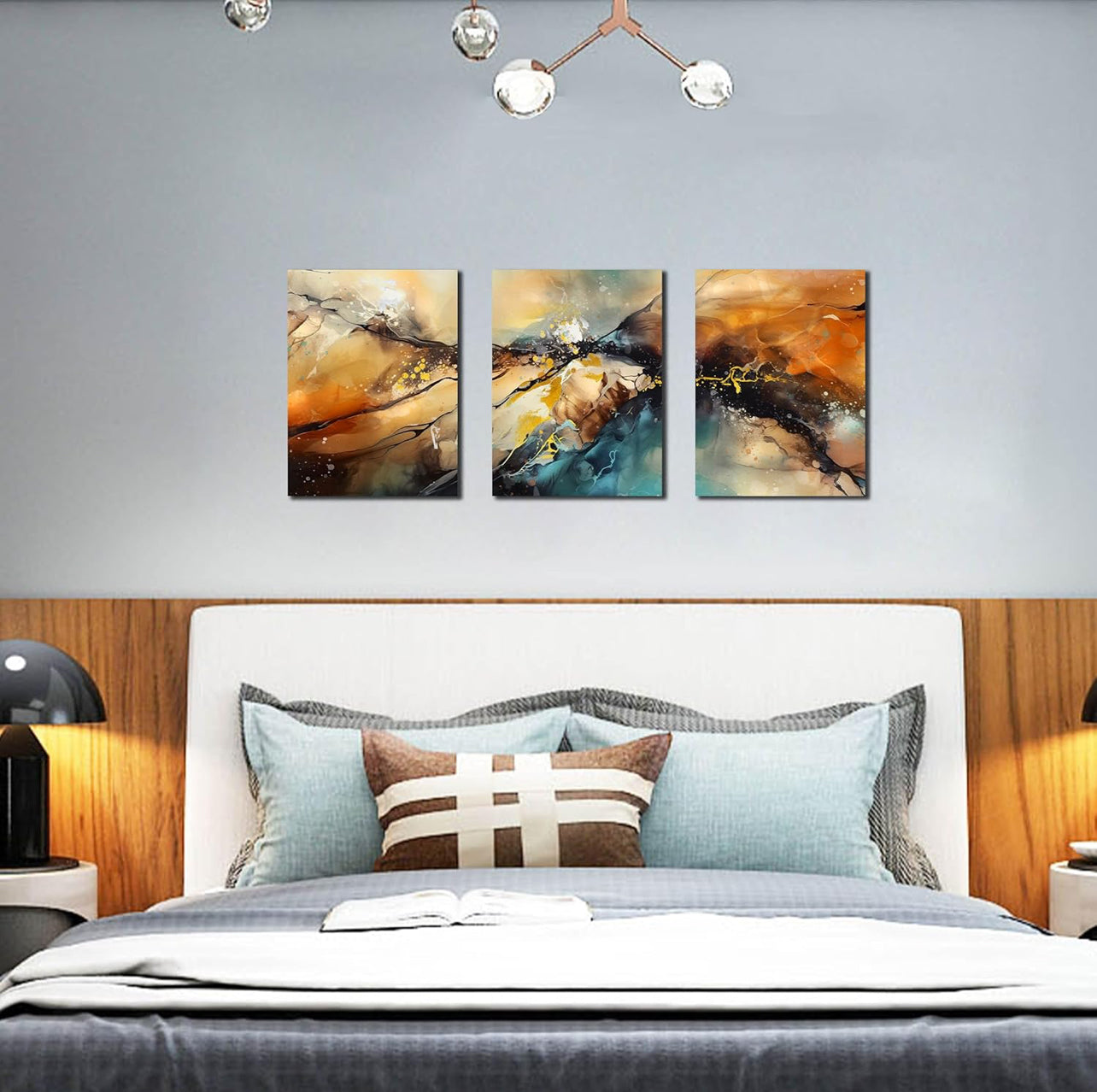 HUBOSKN Lienzo abstracto para pared de sala de estar, cuadros modernos para decoración de pared de oficina, arte de pared de 3 piezas para dormitorio, tamaño 12 x 16 pulgadas