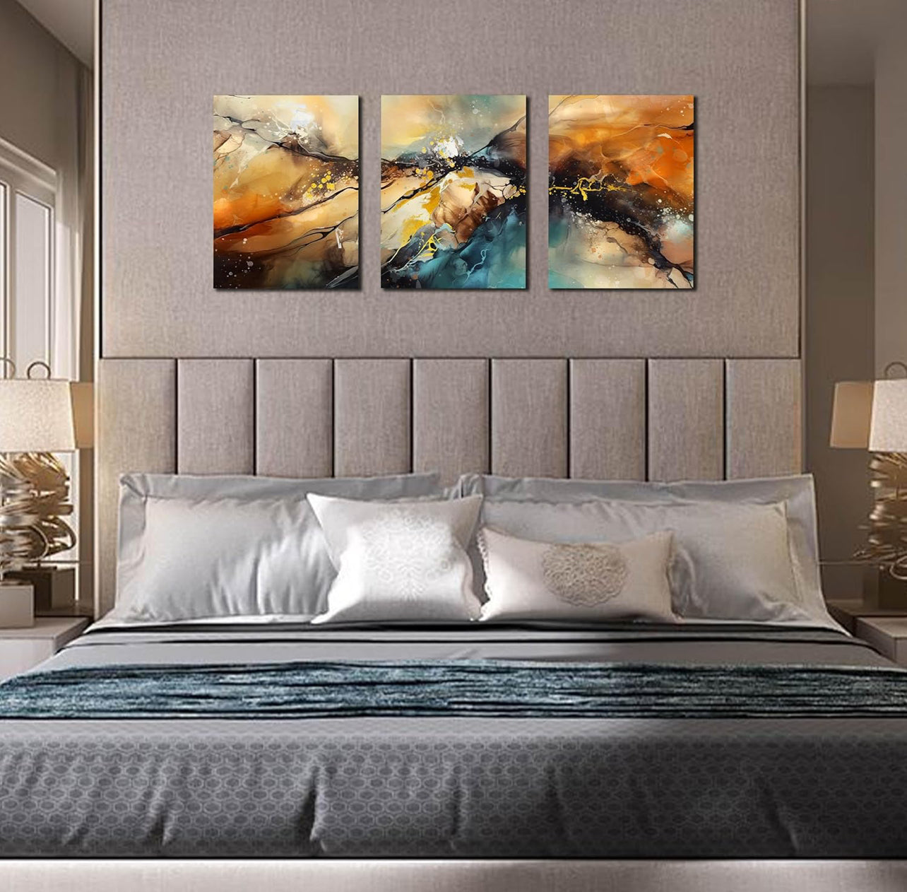 HUBOSKN Lienzo abstracto para pared de sala de estar, cuadros modernos para decoración de pared de oficina, arte de pared de 3 piezas para dormitorio, tamaño 12 x 16 pulgadas