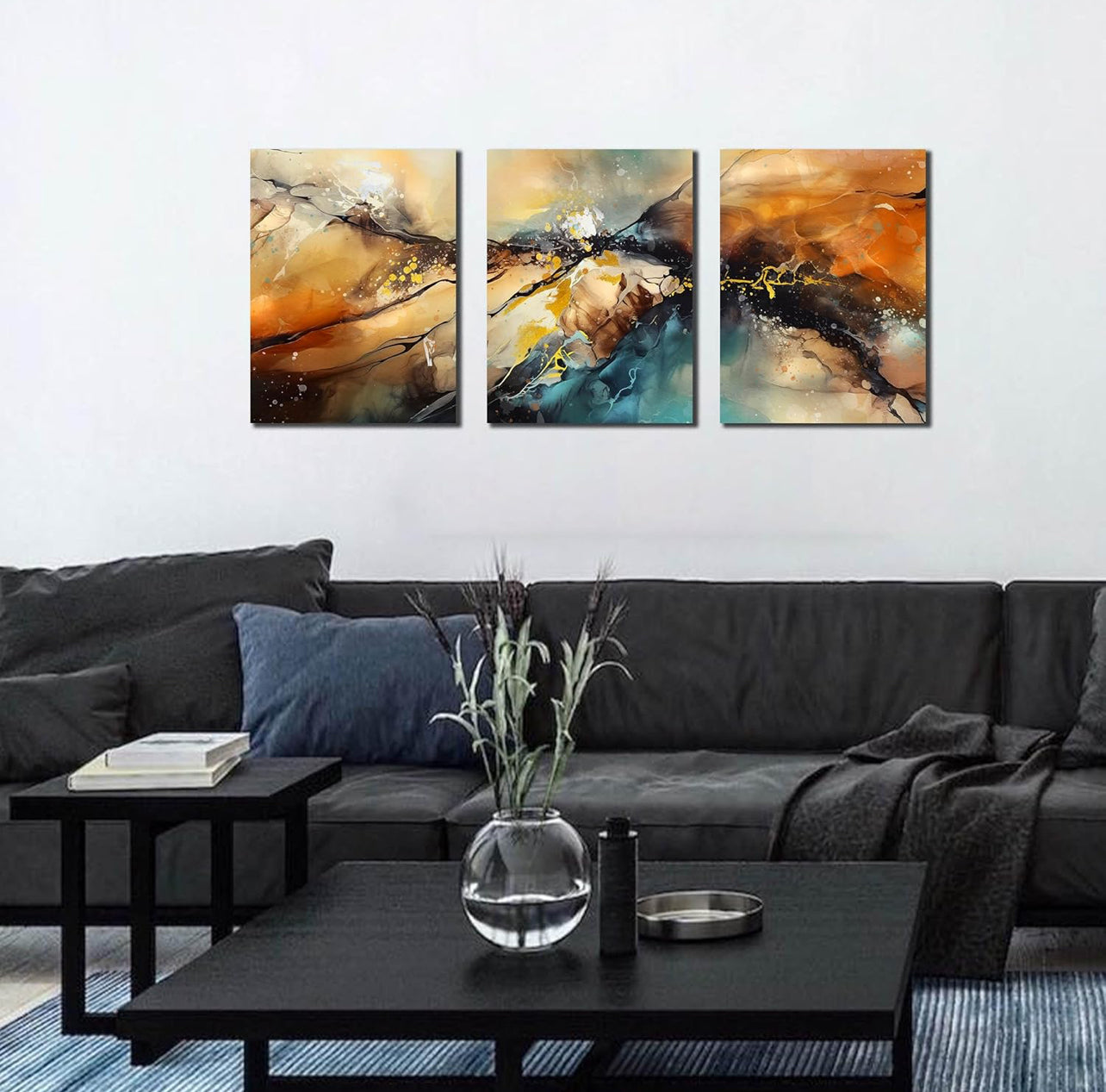 HUBOSKN Lienzo abstracto para pared de sala de estar, cuadros modernos para decoración de pared de oficina, arte de pared de 3 piezas para dormitorio, tamaño 12 x 16 pulgadas