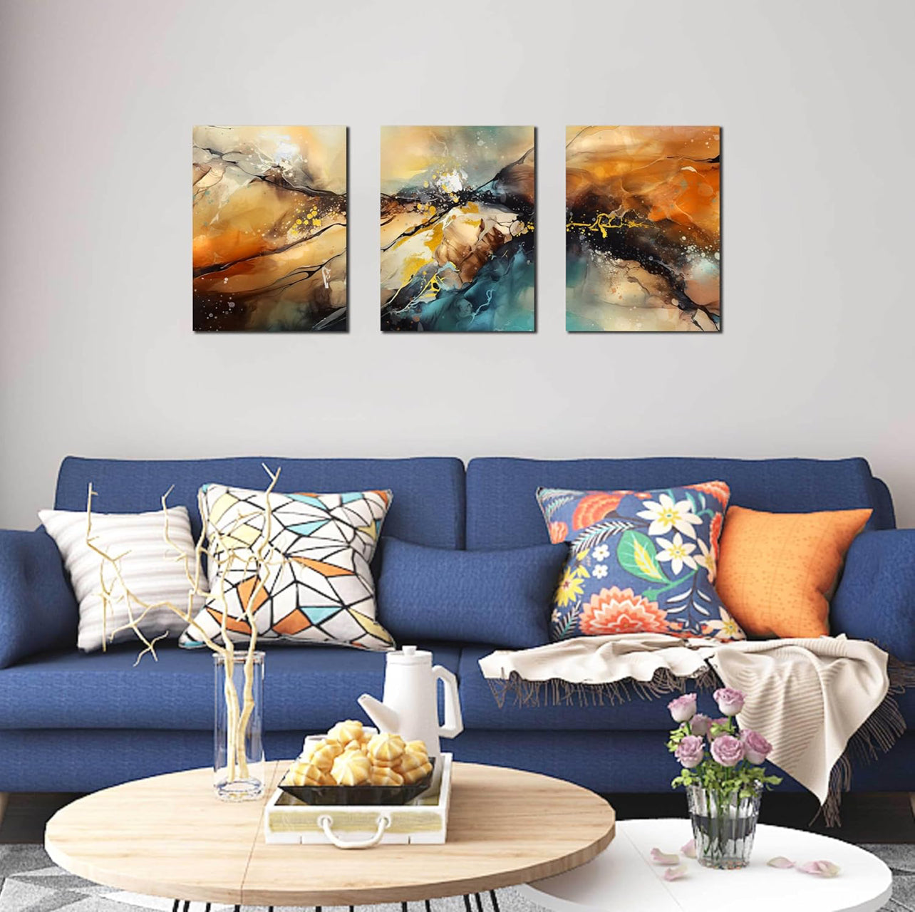HUBOSKN Lienzo abstracto para pared de sala de estar, cuadros modernos para decoración de pared de oficina, arte de pared de 3 piezas para dormitorio, tamaño 12 x 16 pulgadas