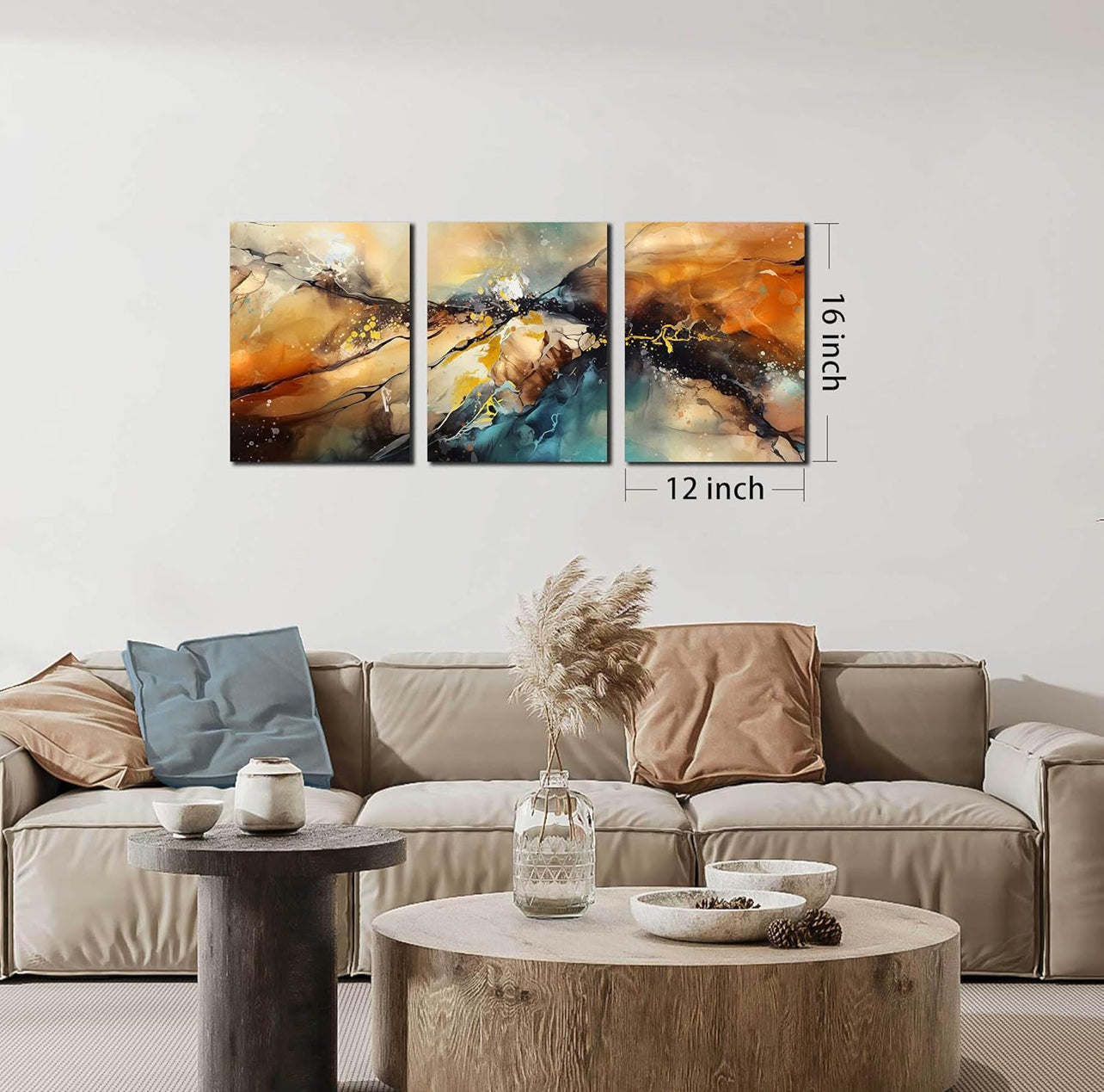 HUBOSKN Lienzo abstracto para pared de sala de estar, cuadros modernos para decoración de pared de oficina, arte de pared de 3 piezas para dormitorio, tamaño 12 x 16 pulgadas