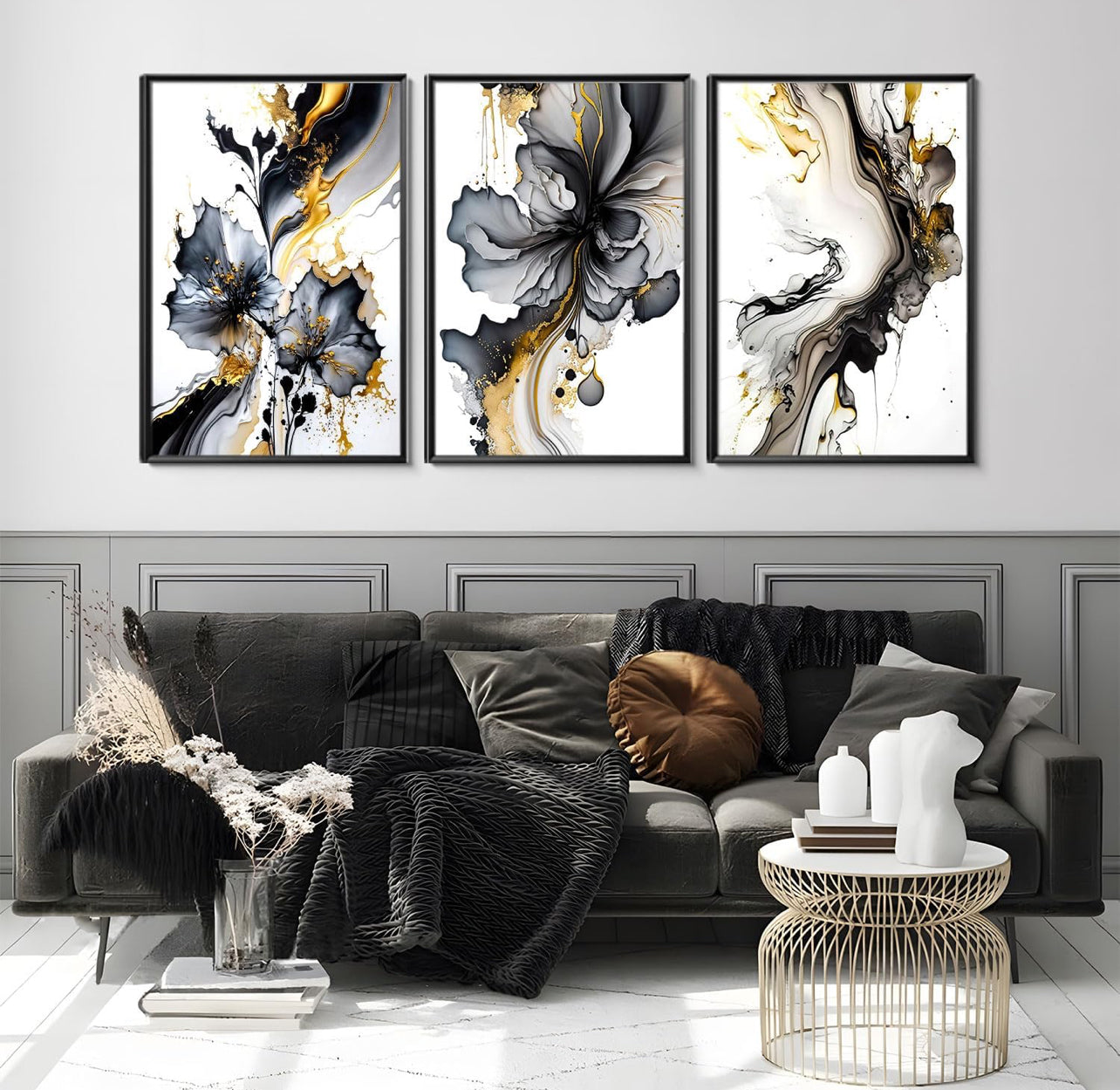 Dytila Juego de 3 cuadros de arte de pared negro y dorado, con textura de mármol, decoración de pared, carteles abstractos de oro gris, impresiones modernas en lienzo, obras de arte para baño,