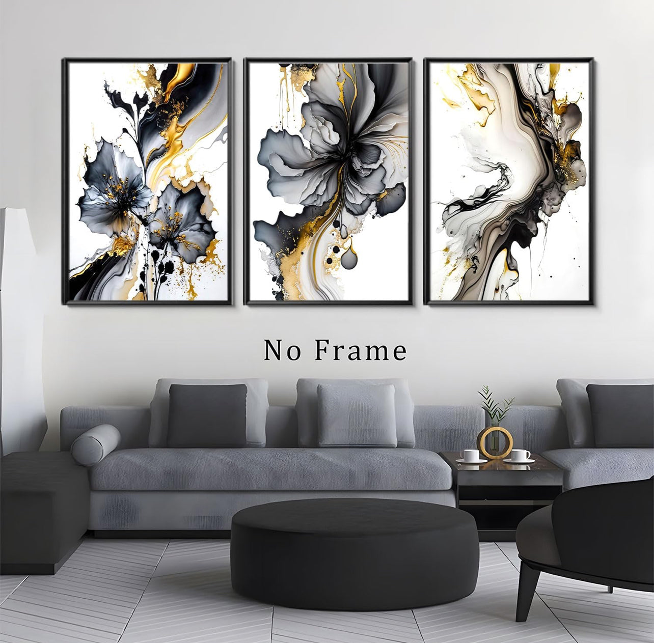 Dytila Juego de 3 cuadros de arte de pared negro y dorado, con textura de mármol, decoración de pared, carteles abstractos de oro gris, impresiones modernas en lienzo, obras de arte para baño,