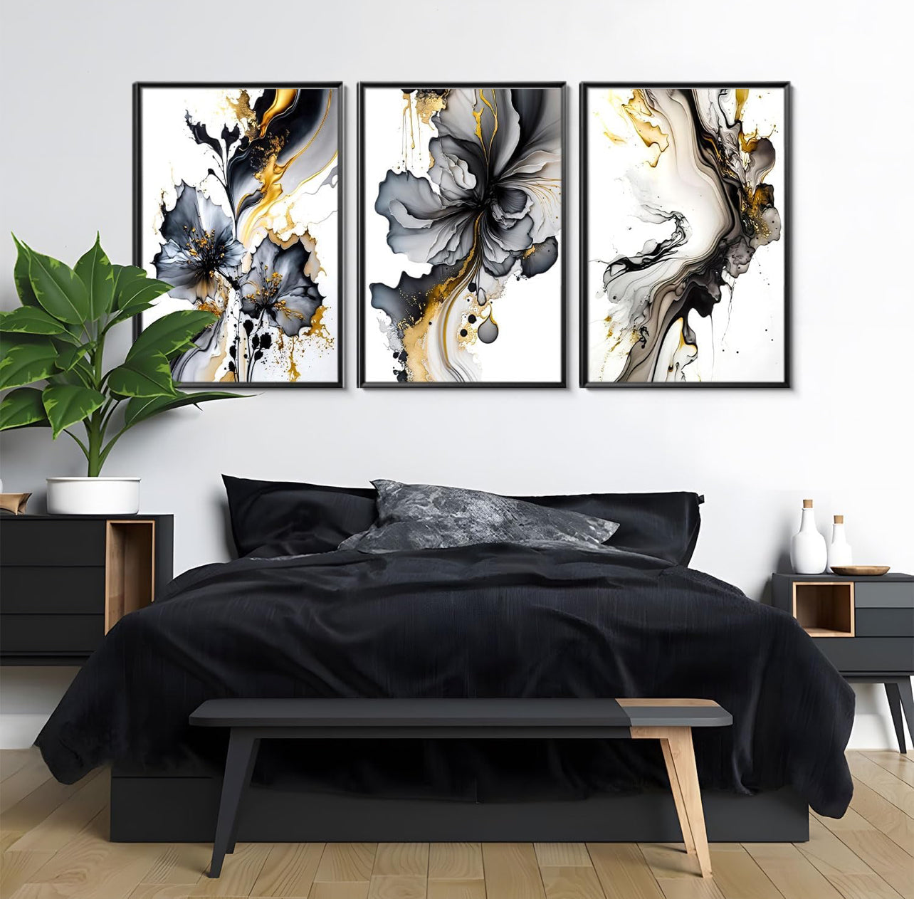 Dytila Juego de 3 cuadros de arte de pared negro y dorado, con textura de mármol, decoración de pared, carteles abstractos de oro gris, impresiones modernas en lienzo, obras de arte para baño,