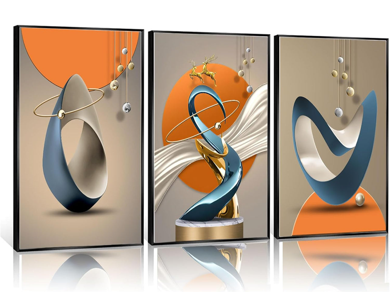 3 piezas de lienzo abstracto moderno arte de pared de ciervos dorados, líneas de lámina de lujo
