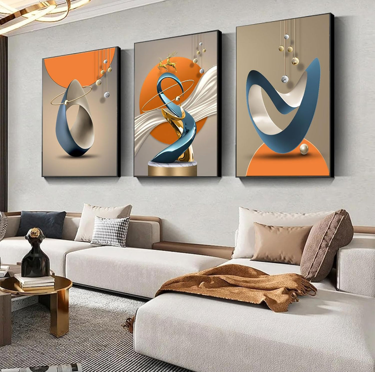 3 piezas de lienzo abstracto moderno arte de pared de ciervos dorados, líneas de lámina de lujo