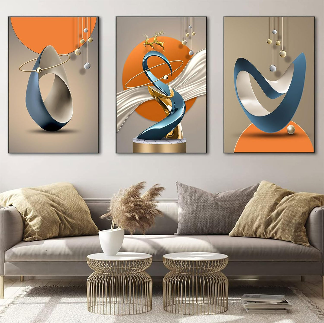 3 piezas de lienzo abstracto moderno arte de pared de ciervos dorados, líneas de lámina de lujo