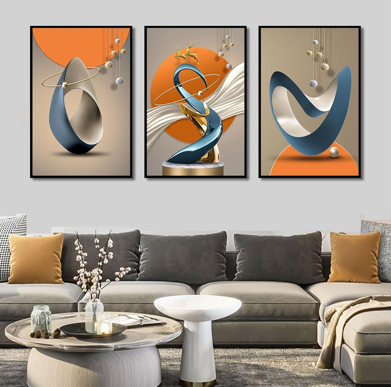 3 piezas de lienzo abstracto moderno arte de pared de ciervos dorados, líneas de lámina de lujo