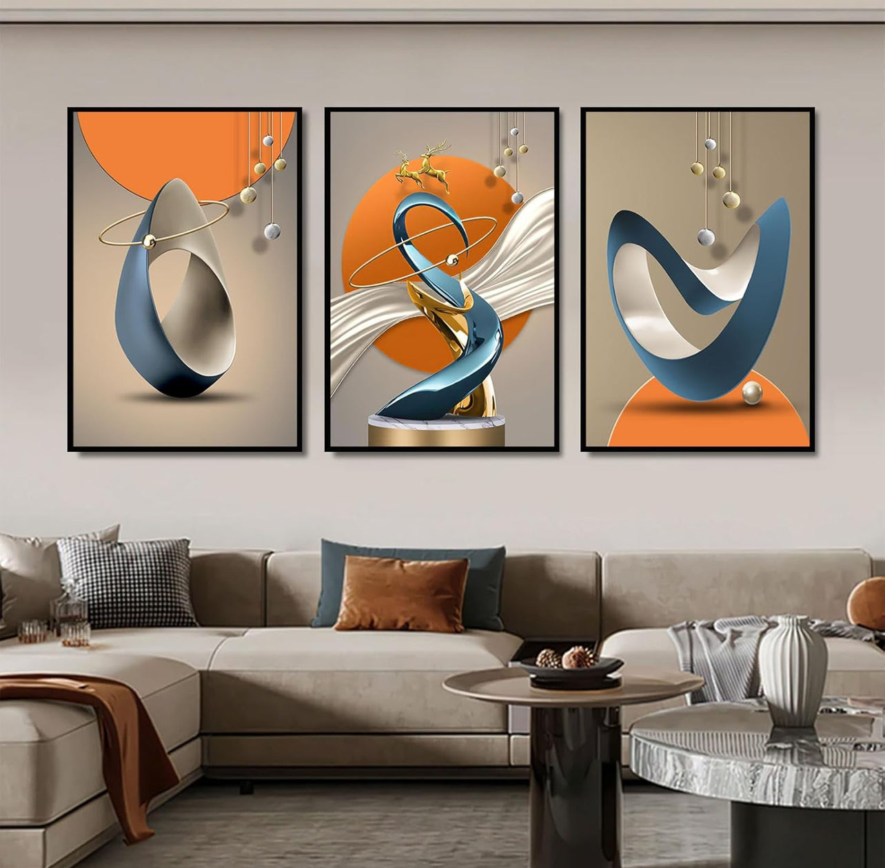 3 piezas de lienzo abstracto moderno arte de pared de ciervos dorados, líneas de lámina de lujo