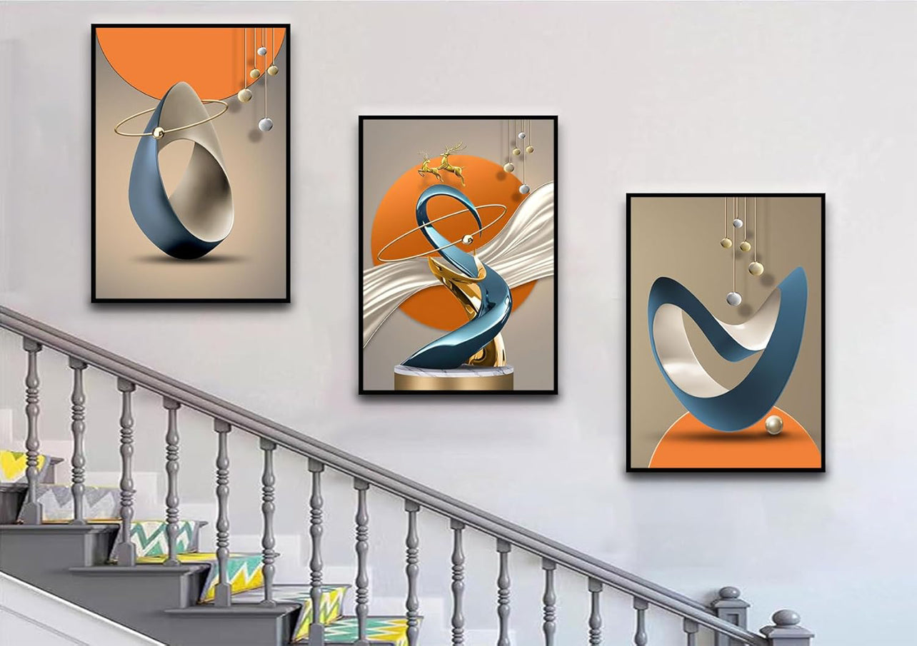 3 piezas de lienzo abstracto moderno arte de pared de ciervos dorados, líneas de lámina de lujo