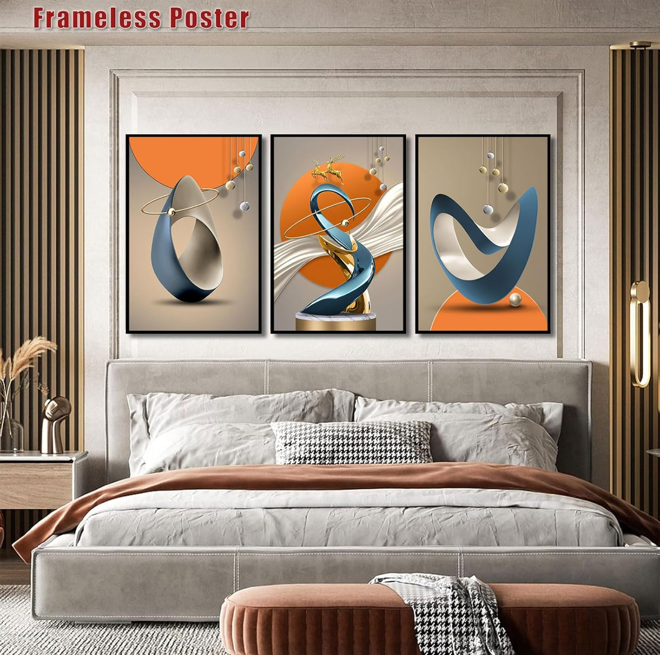 3 piezas de lienzo abstracto moderno arte de pared de ciervos dorados, líneas de lámina de lujo