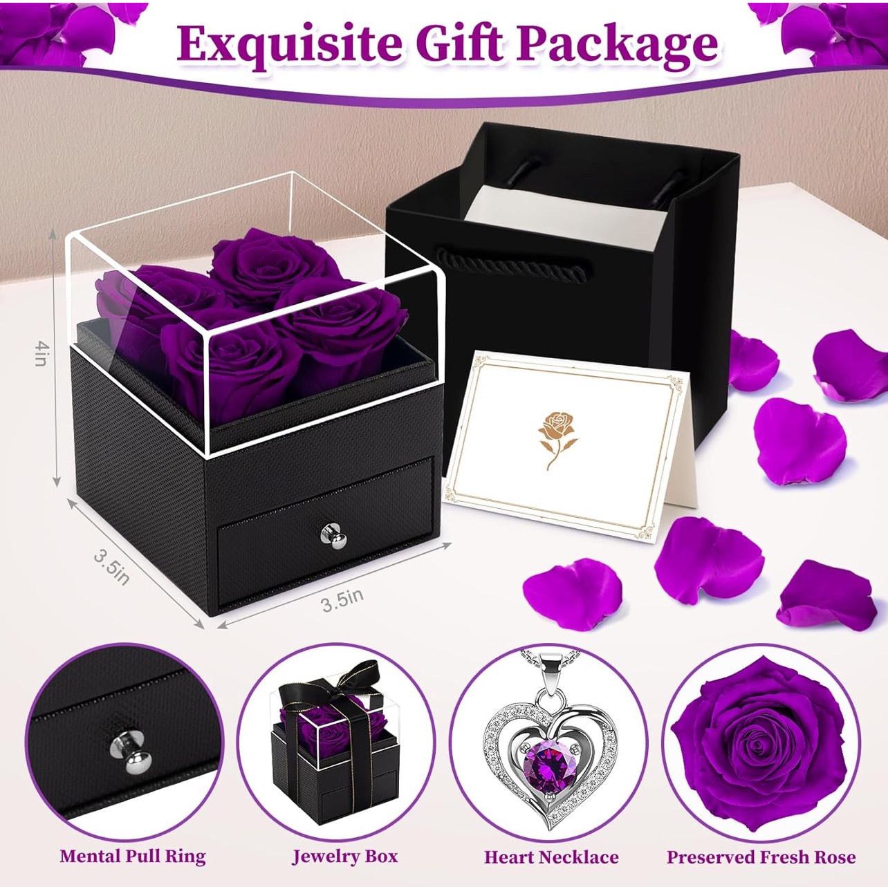 LACCHOUFEE Regalos de rosas para el día de cumpleaños para mujeres, flores preservadas, regalo de 4 rosas para mamá, caja con collar, abuela, esposa, amiga, maestra, enfermera, regalo de aniversario