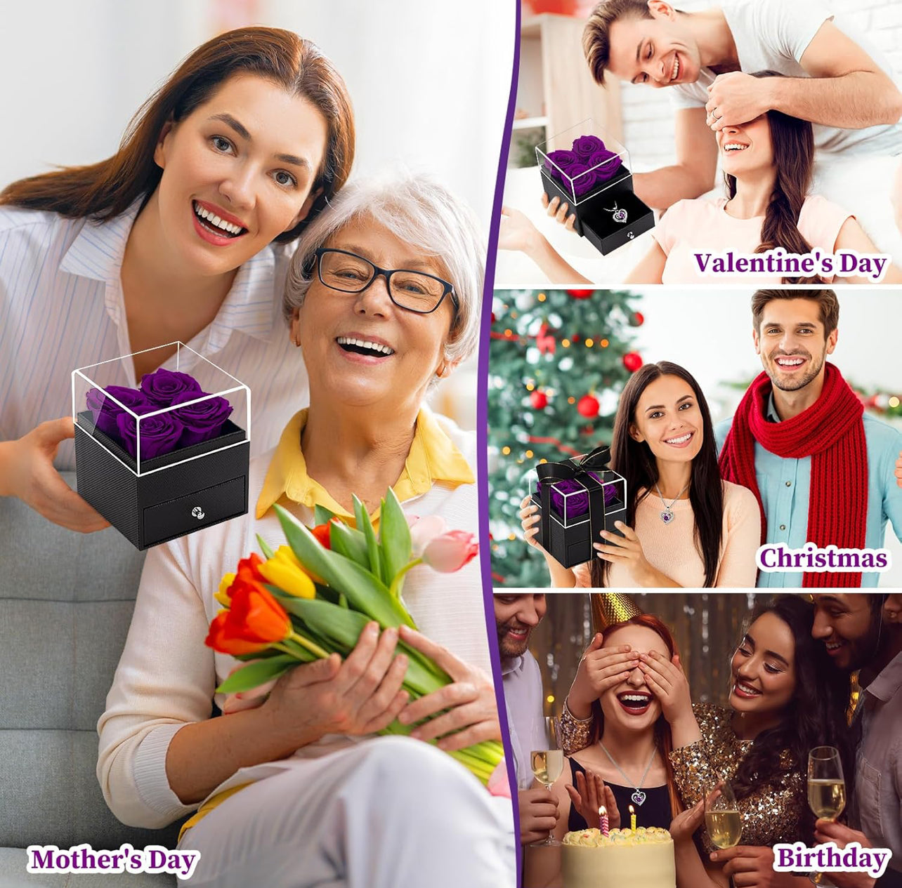 LACCHOUFEE Regalos de rosas para el día de cumpleaños para mujeres, flores preservadas, regalo de 4 rosas para mamá, caja con collar, abuela, esposa, amiga, maestra, enfermera, regalo de aniversario