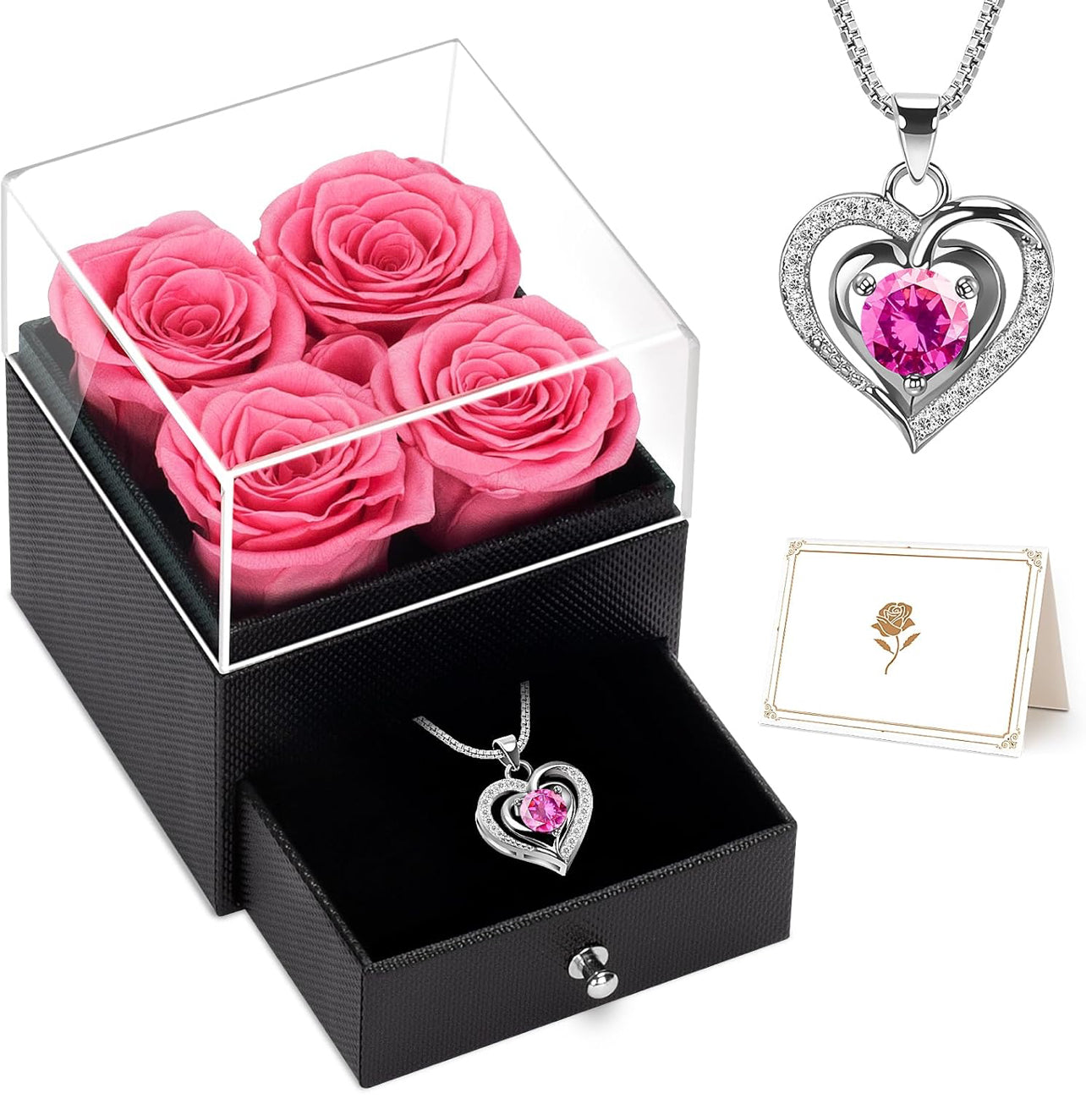 LACCHOUFEE Regalos de rosas para el día de cumpleaños para mujeres, flores preservadas, regalo de 4 rosas para mamá, caja con collar, abuela, esposa, amiga, maestra, enfermera, regalo de aniversario