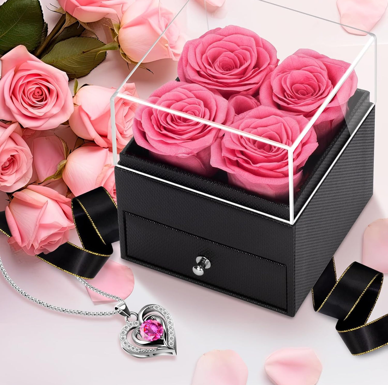 LACCHOUFEE Regalos de rosas para el día de cumpleaños para mujeres, flores preservadas, regalo de 4 rosas para mamá, caja con collar, abuela, esposa, amiga, maestra, enfermera, regalo de aniversario