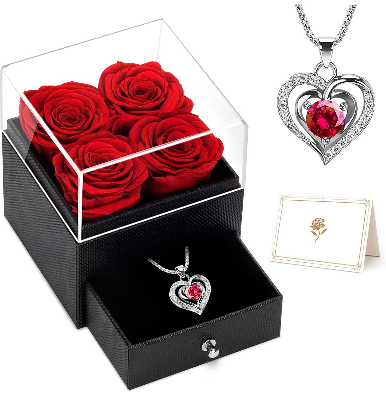 LACCHOUFEE Regalos de rosas para el día de cumpleaños para mujeres, flores preservadas, regalo de 4 rosas para mamá, caja con collar, abuela, esposa, amiga, maestra, enfermera, regalo de aniversario