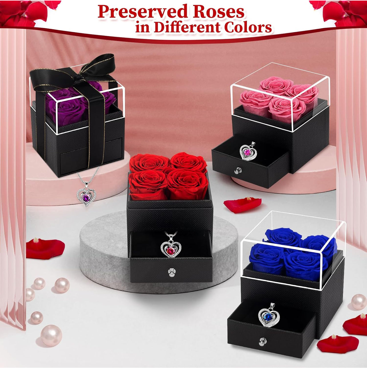 LACCHOUFEE Regalos de rosas para el día de cumpleaños para mujeres, flores preservadas, regalo de 4 rosas para mamá, caja con collar, abuela, esposa, amiga, maestra, enfermera, regalo de aniversario