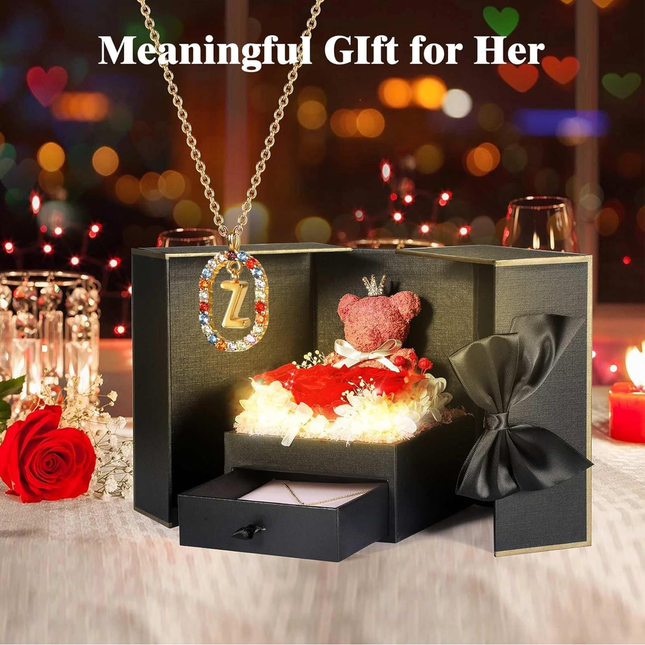 Regalos de cumpleaños para novia – Rosas reales preservadas con collar inicial, regalo significativo de aniversario del día de la madre para ella, esposa, hermana