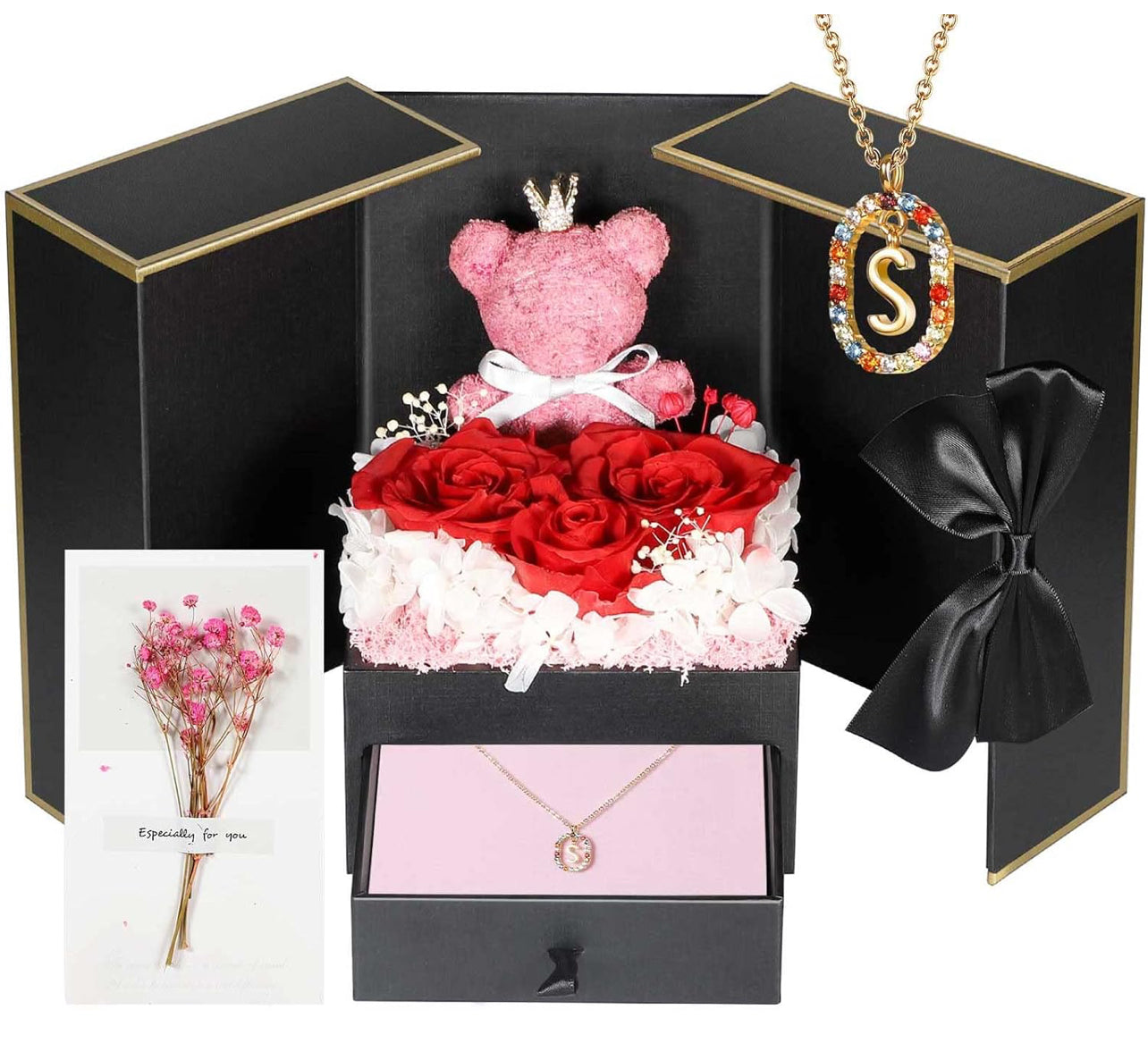 Regalos de cumpleaños para novia – Rosas reales preservadas con collar inicial, regalo significativo de aniversario del día de la madre para ella, esposa, hermana