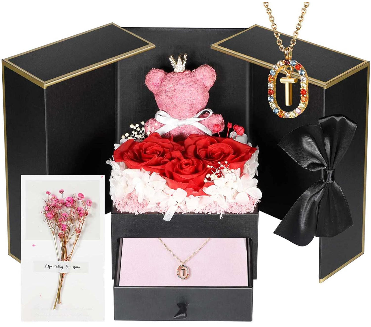 Regalos de cumpleaños para novia – Rosas reales preservadas con collar inicial, regalo significativo de aniversario del día de la madre para ella, esposa, hermana