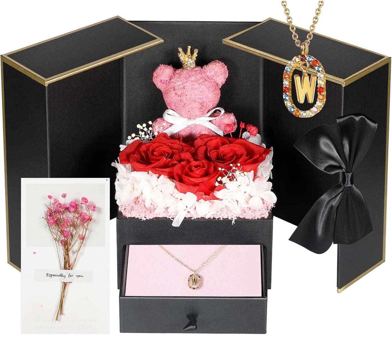 Regalos de cumpleaños para novia – Rosas reales preservadas con collar inicial, regalo significativo de aniversario del día de la madre para ella, esposa, hermana
