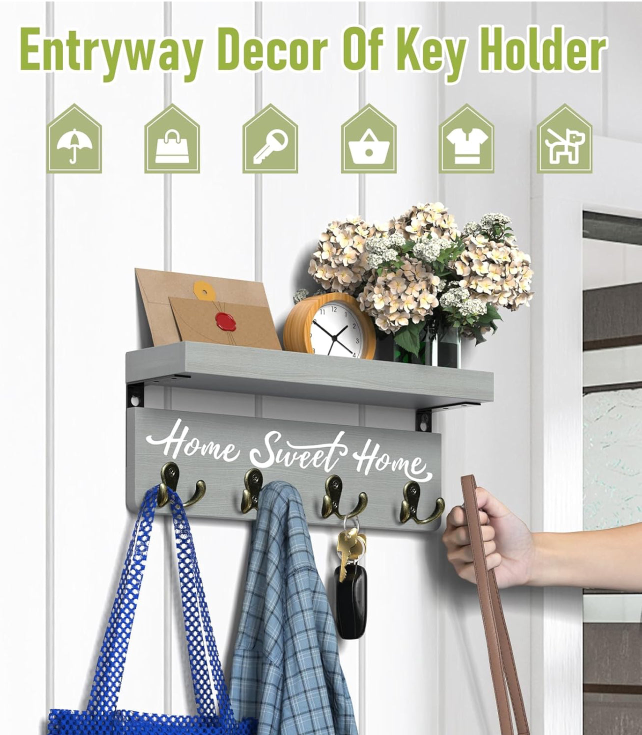 buways Soporte para llaves y correo, de madera, con 4 ganchos dobles, decoración rústica del hogar, para entrada