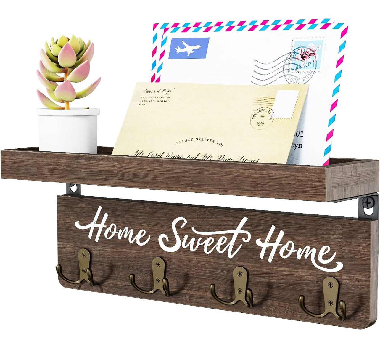 buways Soporte para llaves y correo, de madera, con 4 ganchos dobles, decoración rústica del hogar, para entrada