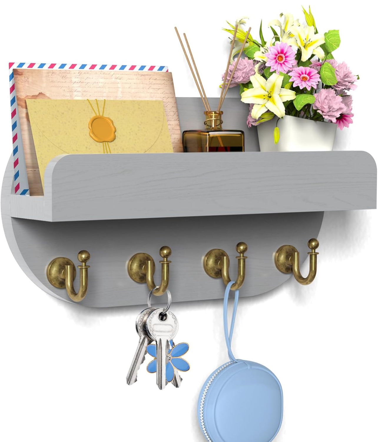 buways Soporte para llaves y correo, de madera, con 4 ganchos dobles, decoración rústica del hogar, para entrada