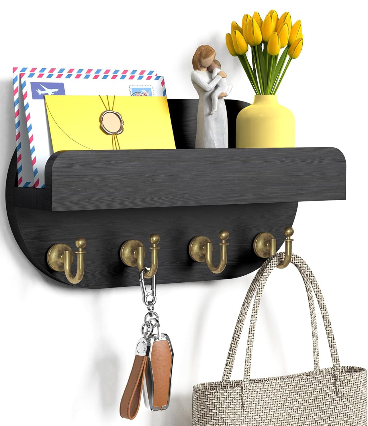 buways Soporte para llaves y correo, de madera, con 4 ganchos dobles, decoración rústica del hogar, para entrada