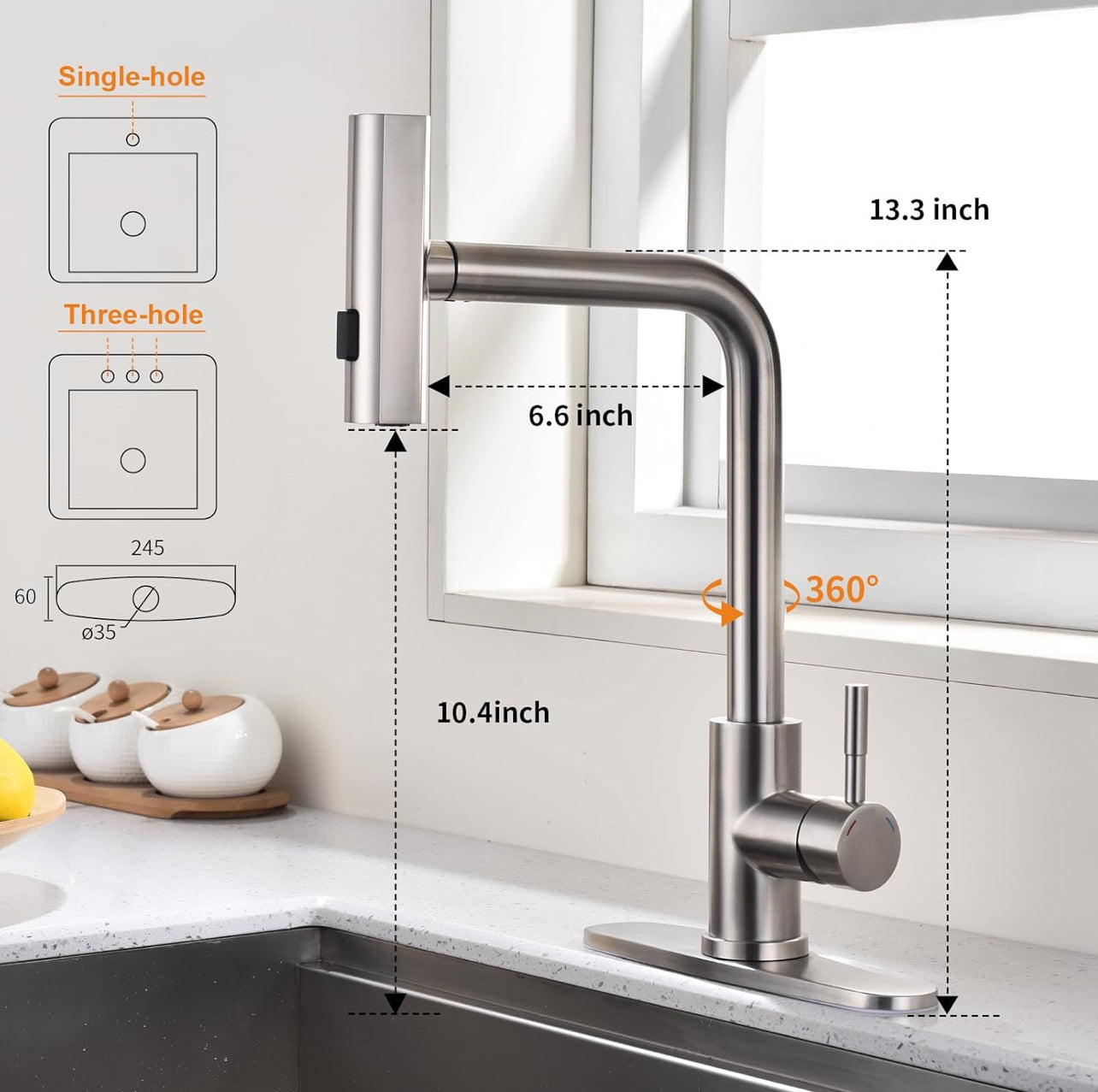 KEER Grifo de cocina en cascada con ducha extraíble, mango único y giratorio de acero inoxidable de 360°,