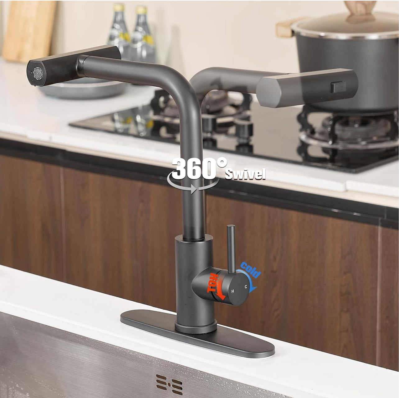 Grifo de fregadero de cocina en cascada con rociador extraíble, 3 modos (barrido/corriente/cascada)