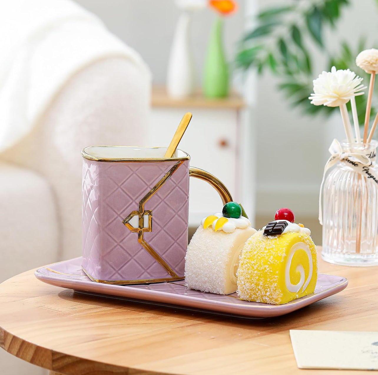 Zubebe 1 juego de taza de café elegante taza en forma de bolso taza moderna de cerámica con cuchara y platillo