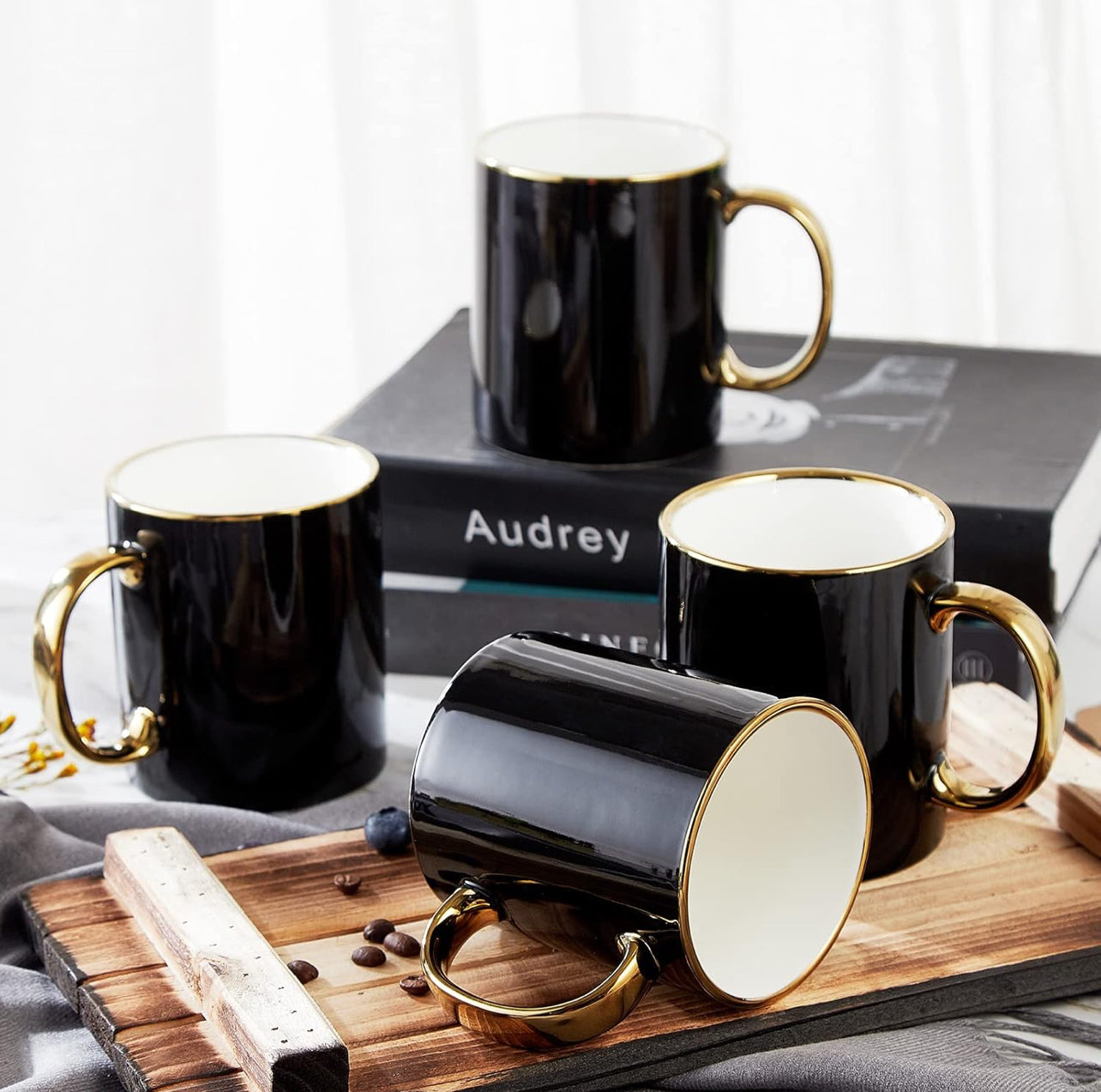 DUJUST Juego de 4 tazas de café negras (16 onzas), diseño moderno y elegante con adornos dorados hechos a mano