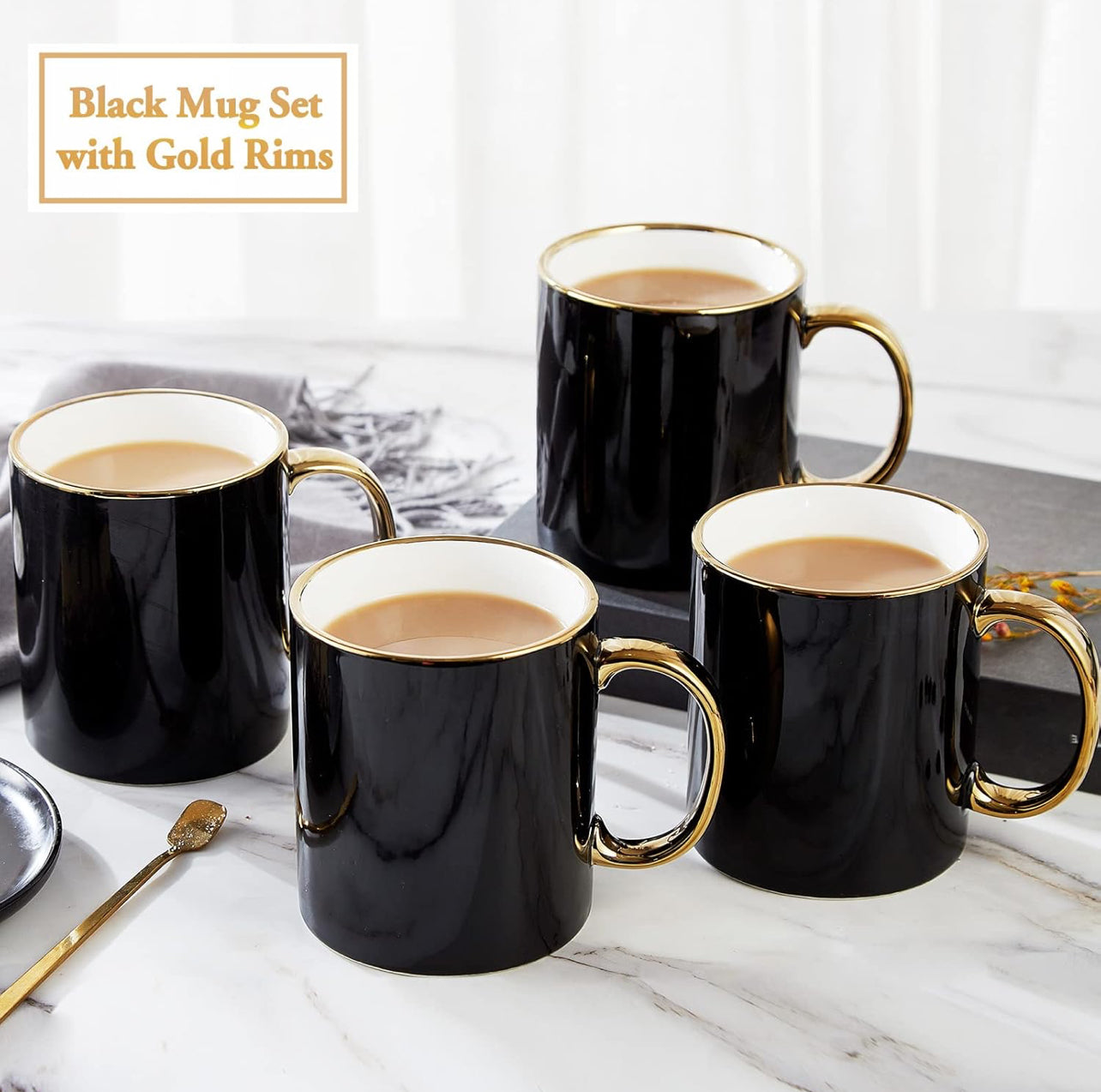 DUJUST Juego de 4 tazas de café negras (16 onzas), diseño moderno y elegante con adornos dorados hechos a mano