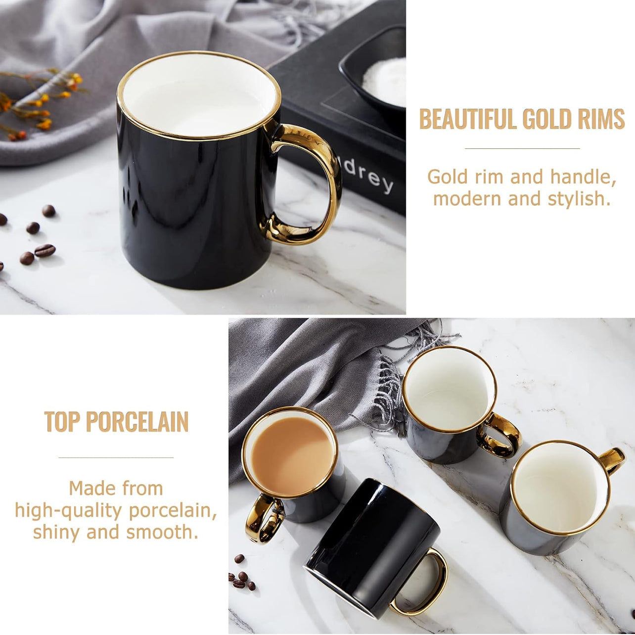 DUJUST Juego de 4 tazas de café negras (16 onzas), diseño moderno y elegante con adornos dorados hechos a mano