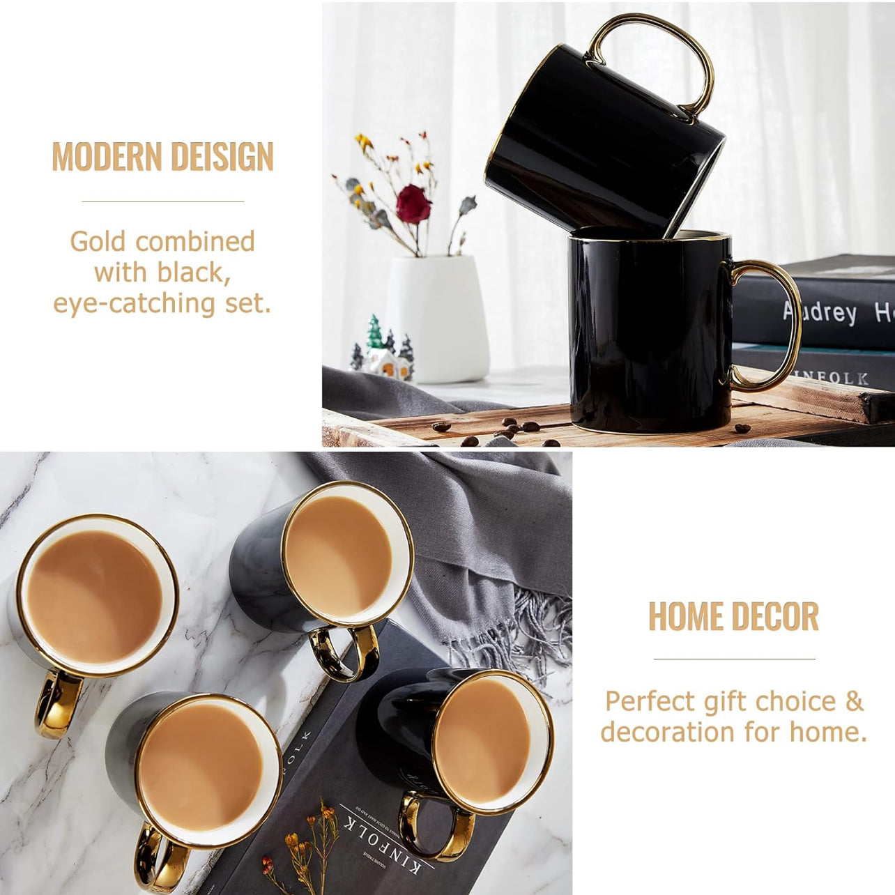 DUJUST Juego de 4 tazas de café negras (16 onzas), diseño moderno y elegante con adornos dorados hechos a mano