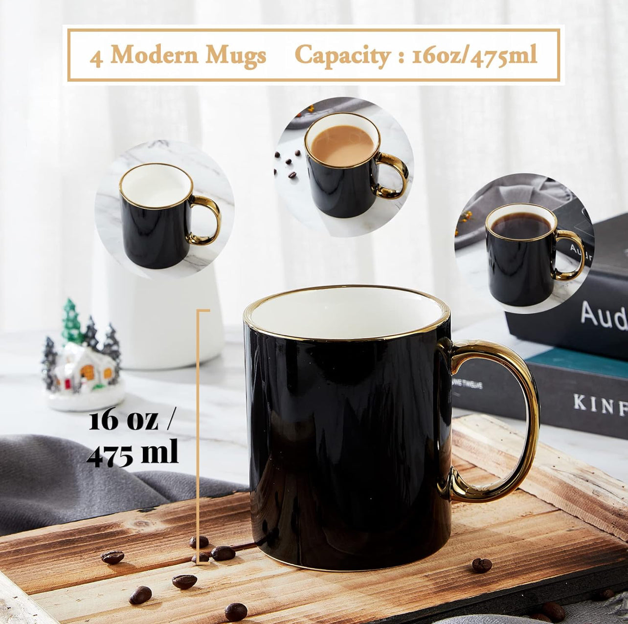 DUJUST Juego de 4 tazas de café negras (16 onzas), diseño moderno y elegante con adornos dorados hechos a mano