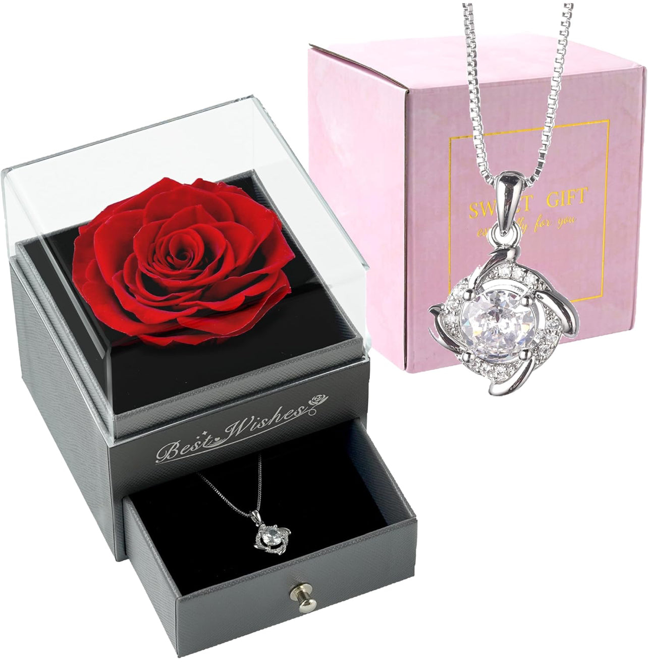 BLOSSBLISS - Rosa roja preservada con collar, juego de regalo de flores