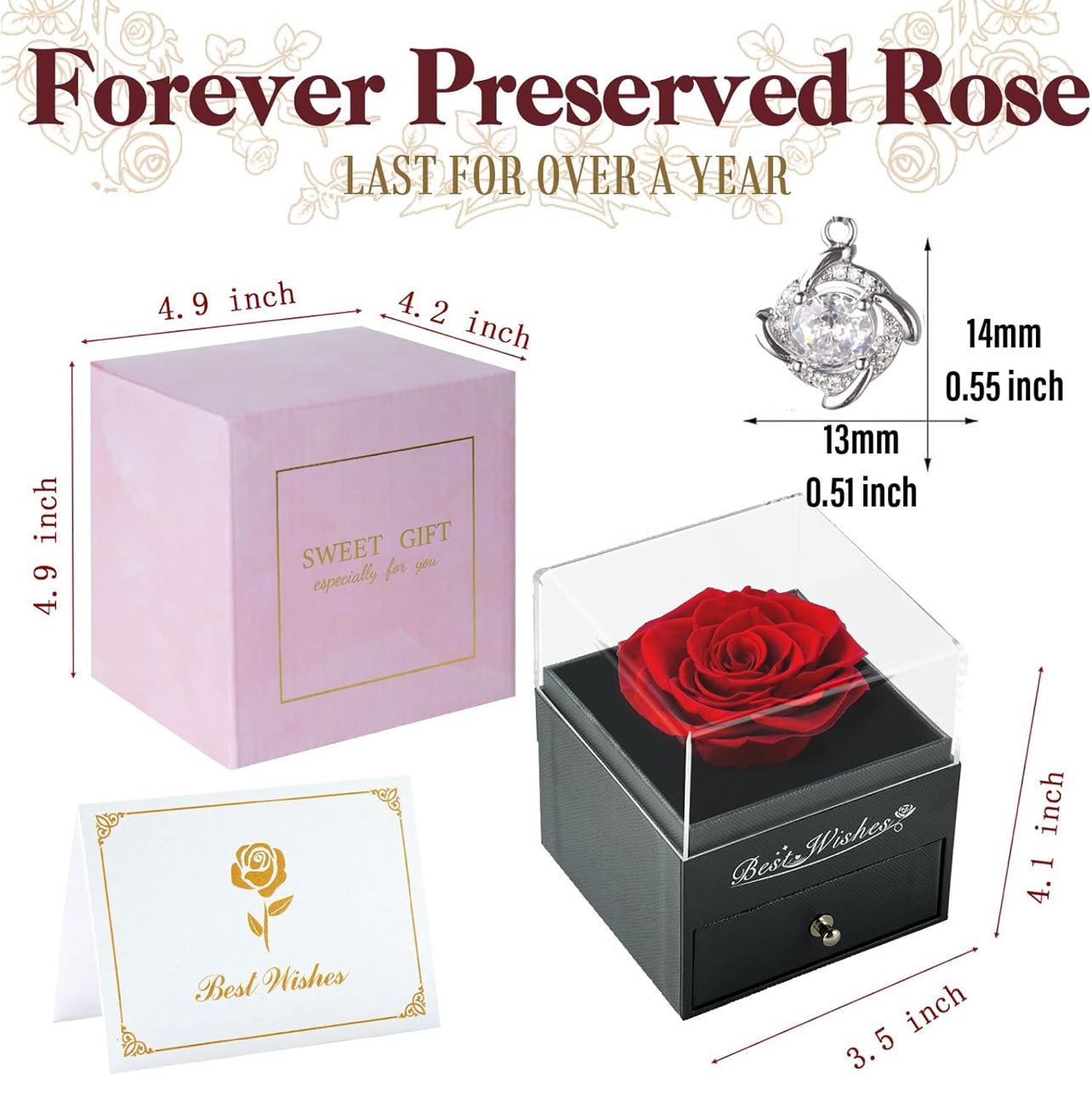 BLOSSBLISS - Rosa roja preservada con collar, juego de regalo de flores