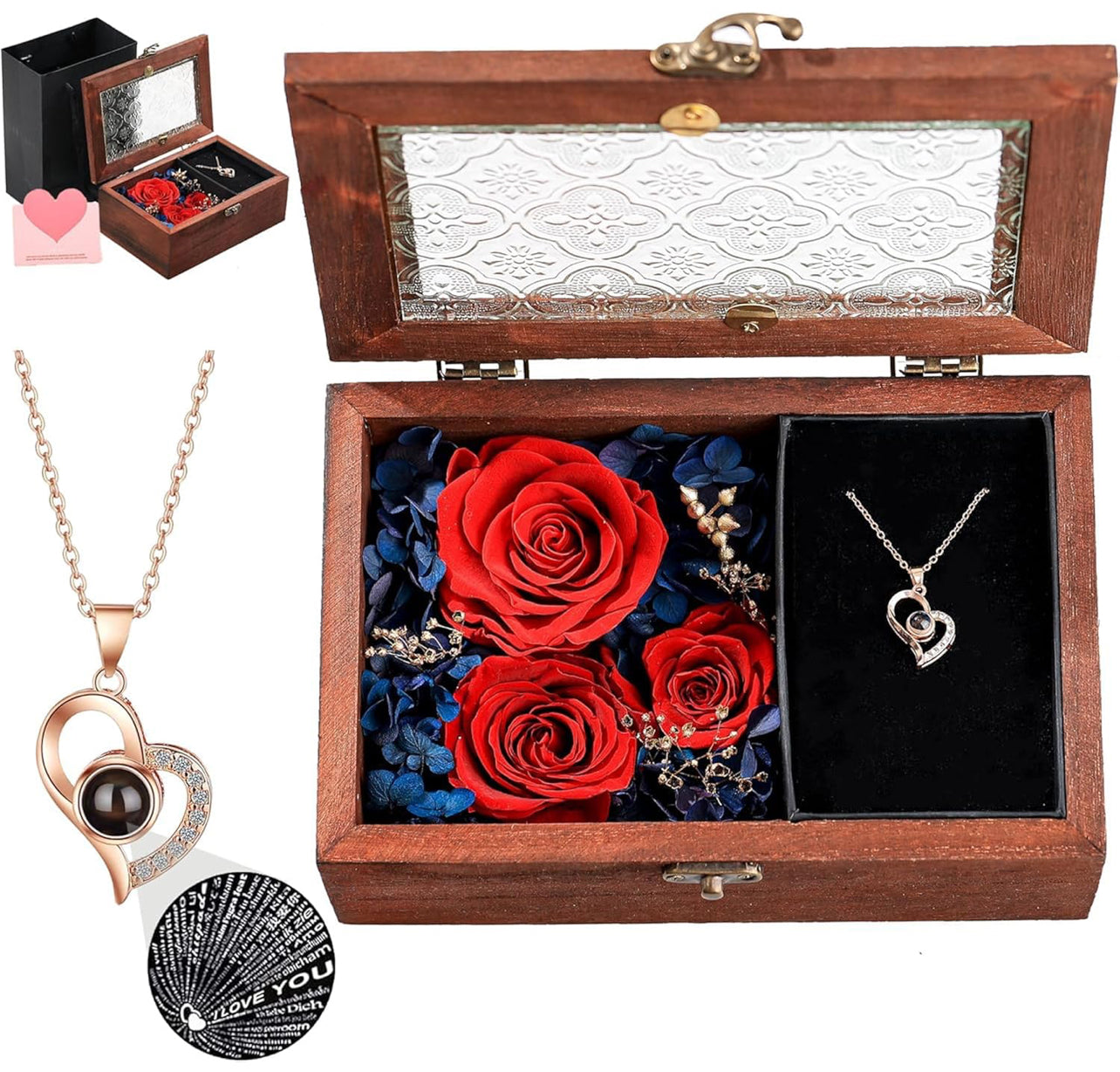 Caja de madera de regalo de rosa real roja preservada con collar de corazón