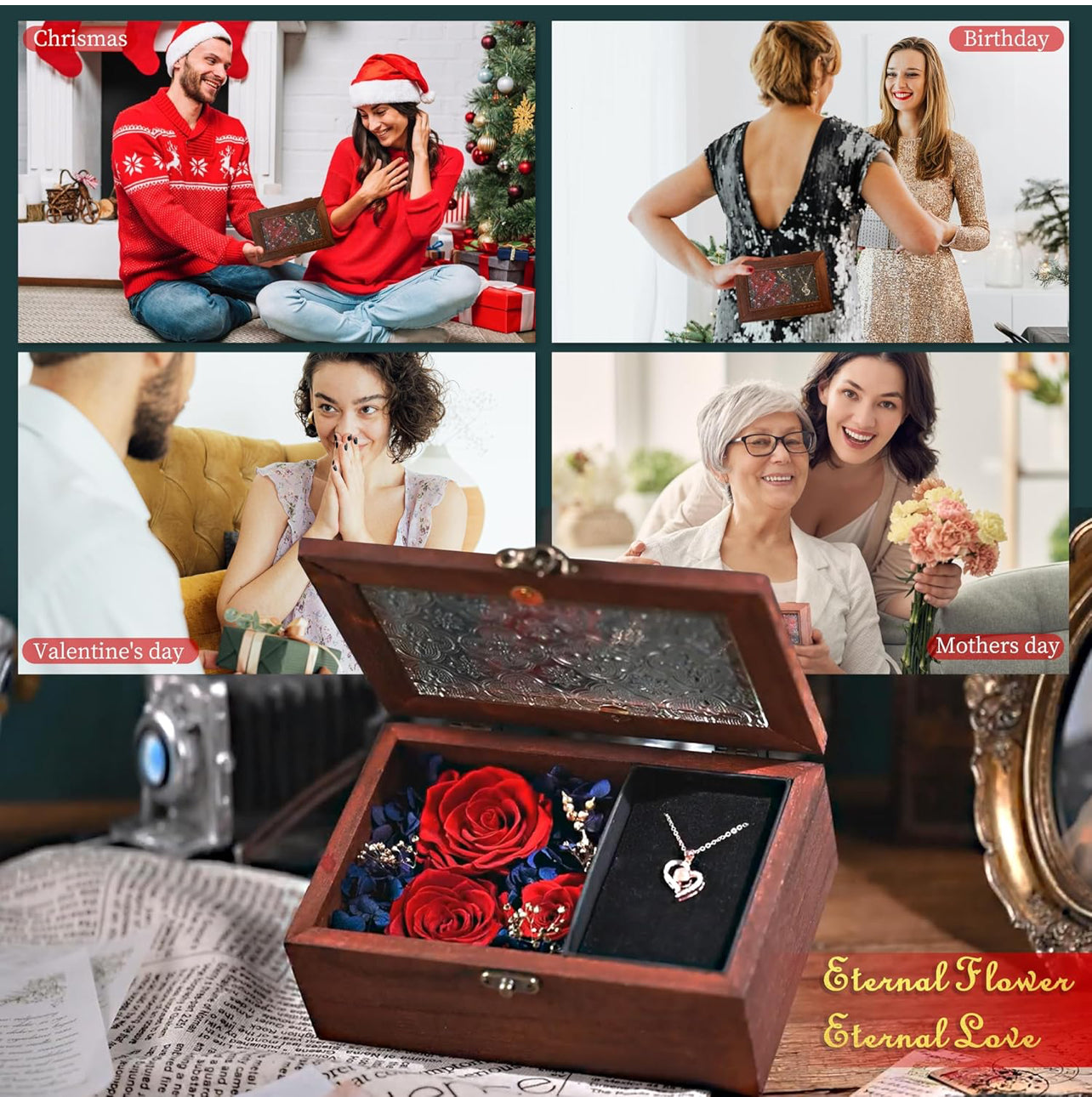 Caja de madera de regalo de rosa real roja preservada con collar de corazón