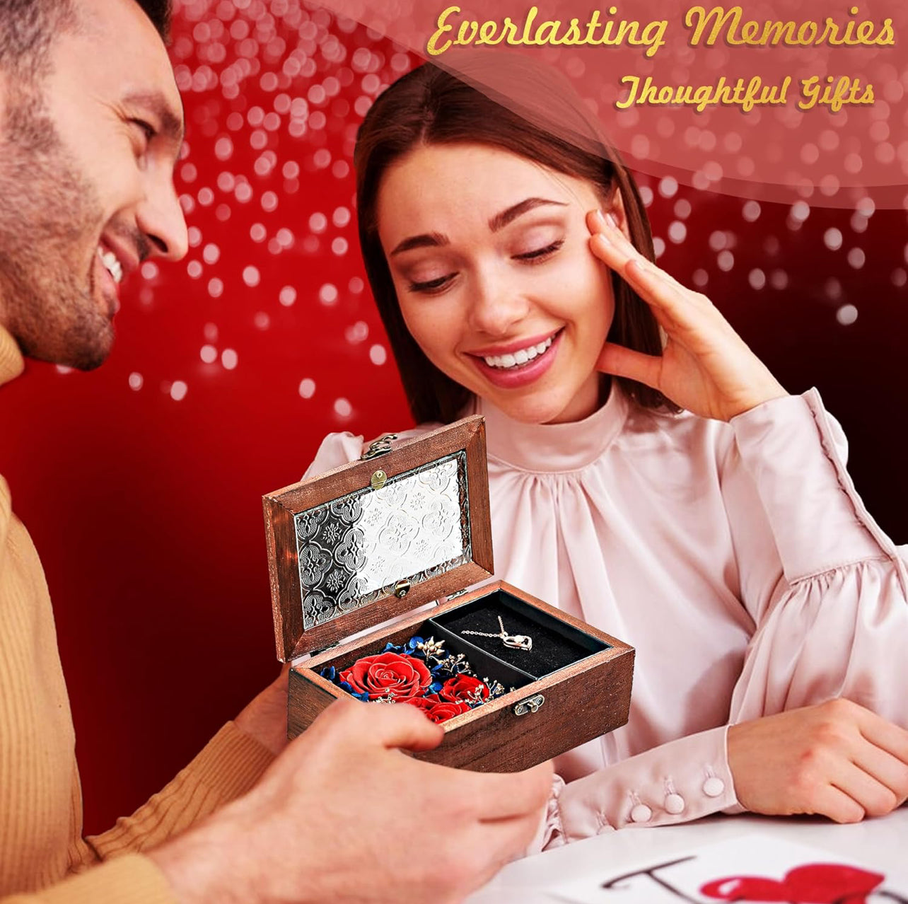 Caja de madera de regalo de rosa real roja preservada con collar de corazón
