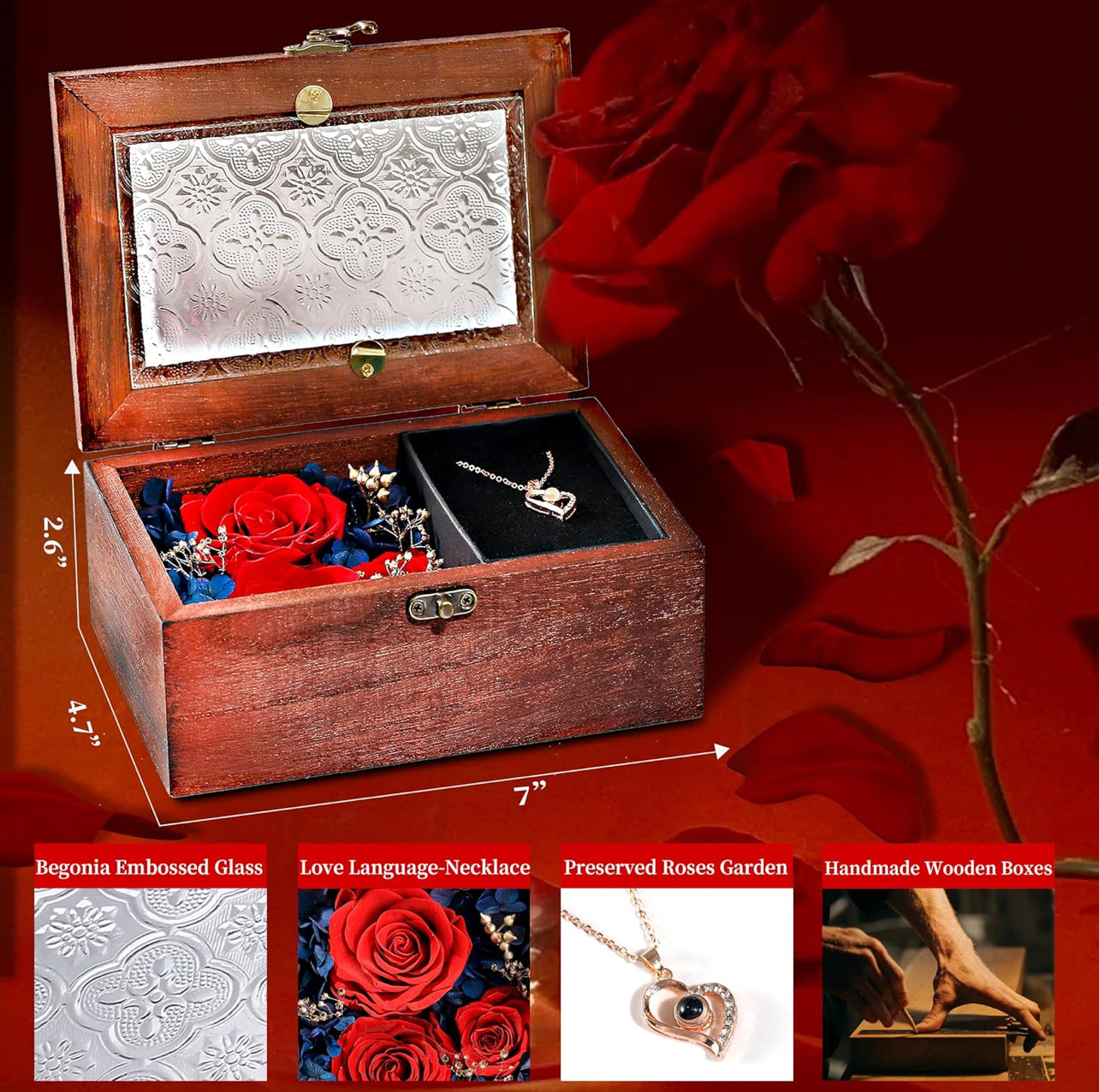 Caja de madera de regalo de rosa real roja preservada con collar de corazón
