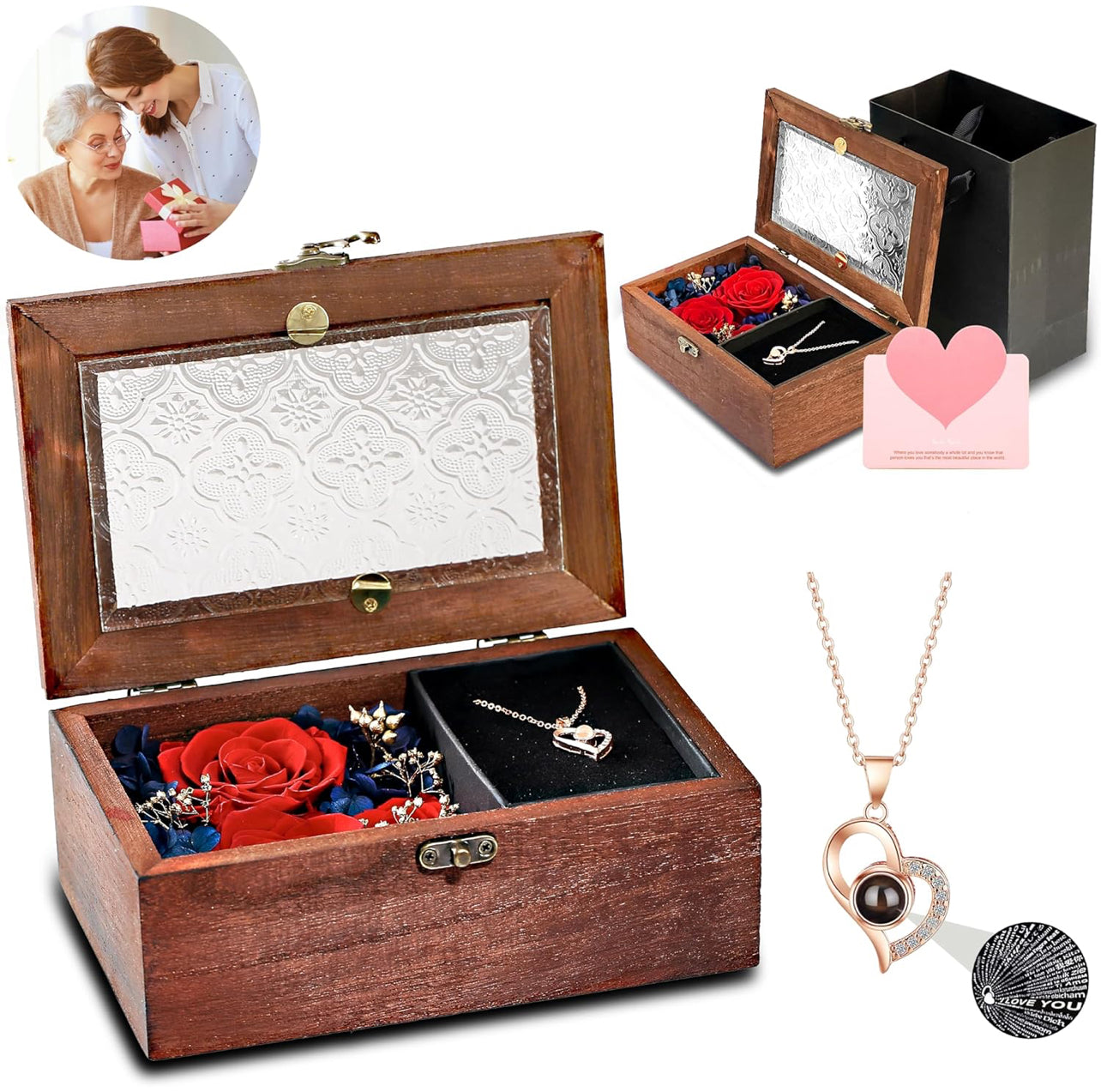 Caja de madera de regalo de rosa real roja preservada con collar de corazón