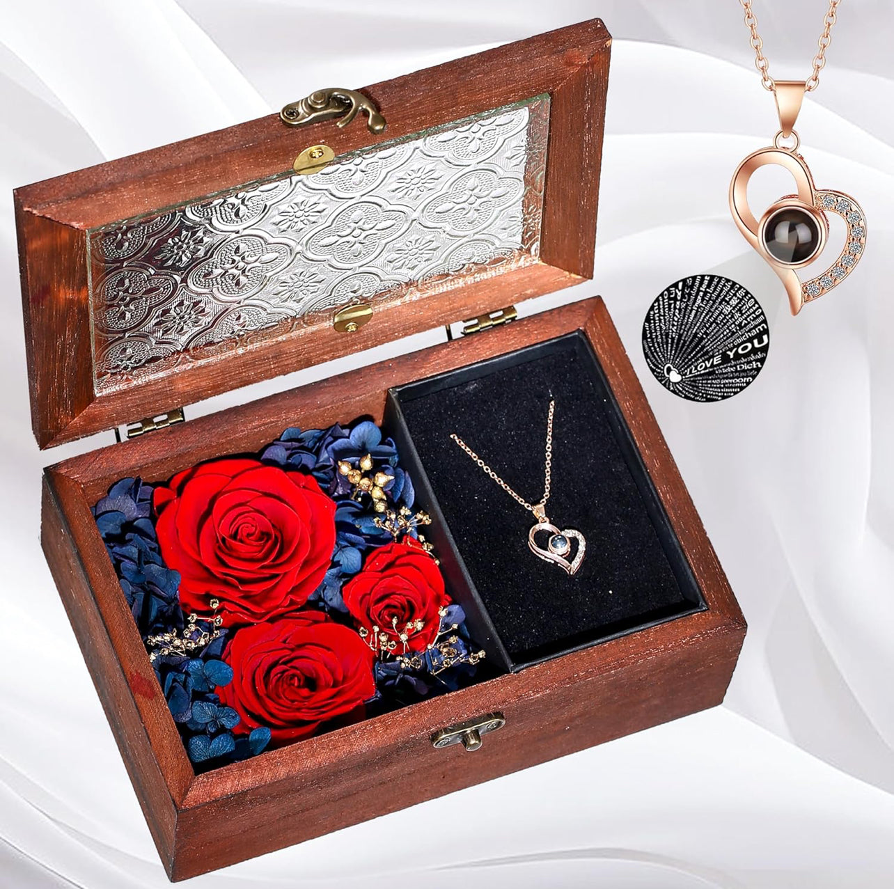 Caja de madera de regalo de rosa real roja preservada con collar de corazón