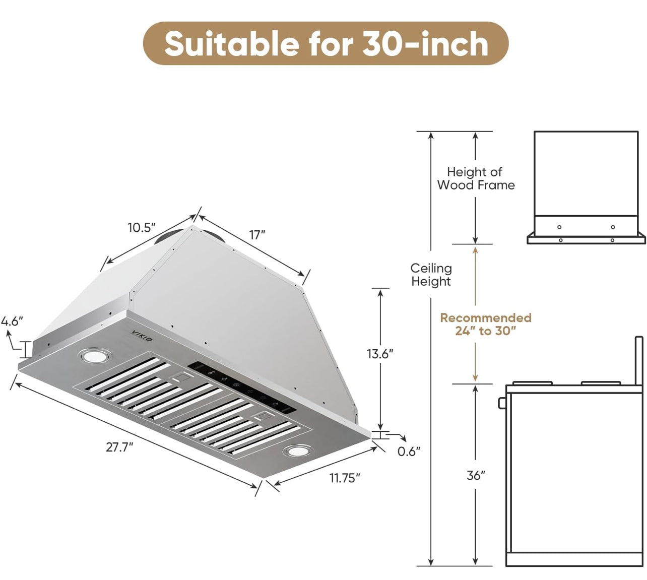 Campana extractora de 30 pulgadas, 980 CFM, campana de ventilación de cocina integrada