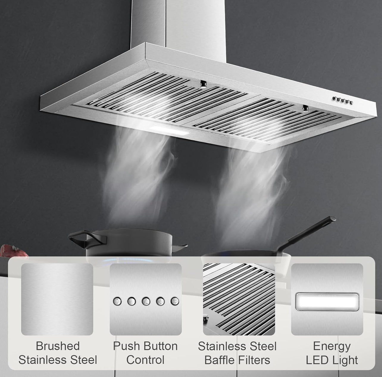 Campana extractora de 30 pulgadas, campana extractora de montaje en pared de 450 CFM