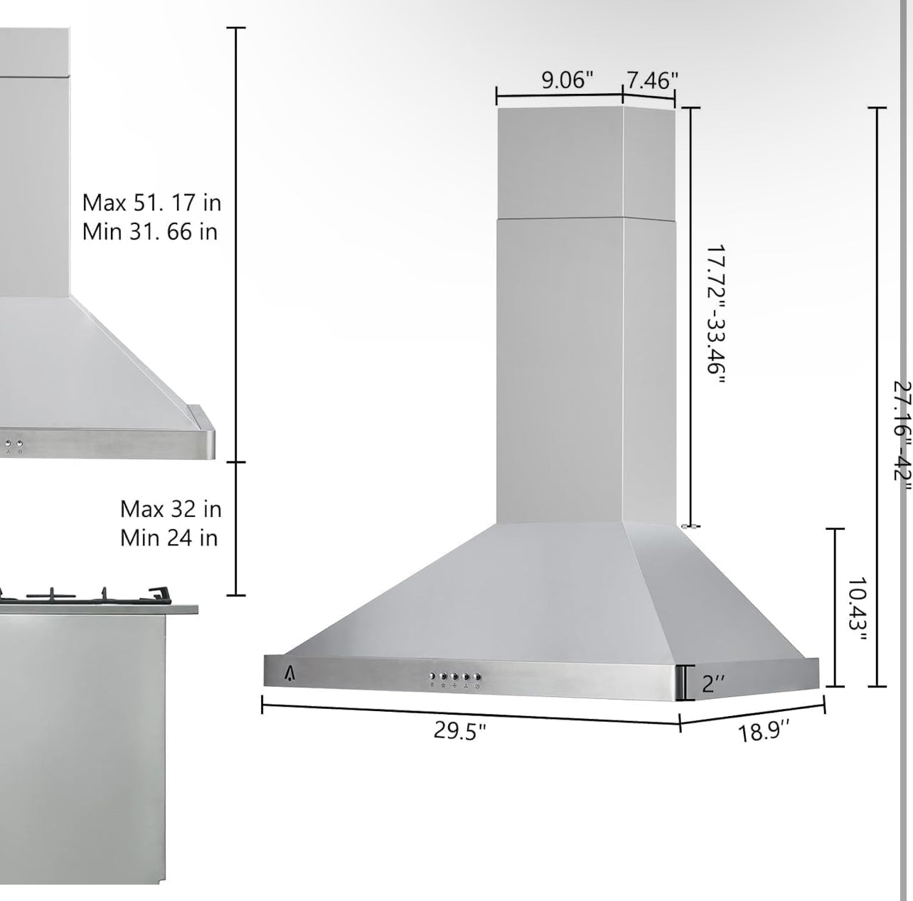 Campana extractora de 30 pulgadas, rejillas de ventilación para campana de cocina de acero inoxidable, 400 CFM
